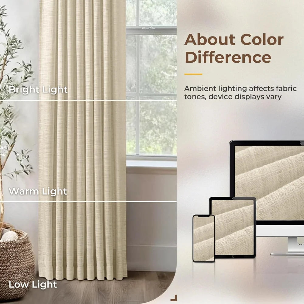 Pinch Pleated Linen Curtains for Living Room, Pack of 2 Light Filtering Drapes with Hooks