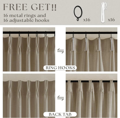 Burlywood Birch Pinch Pleated Linen Curtains, Pack of 2 Light Filtering Linen Drapes with Hooks