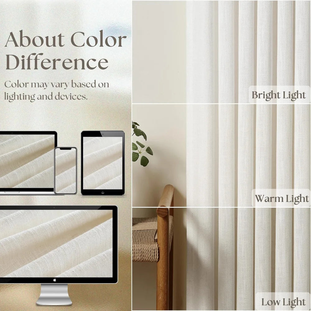 Beige White Pinch Pleated Linen Curtains, Pack of 2 Light Filtering Linen Drapes with Hooks