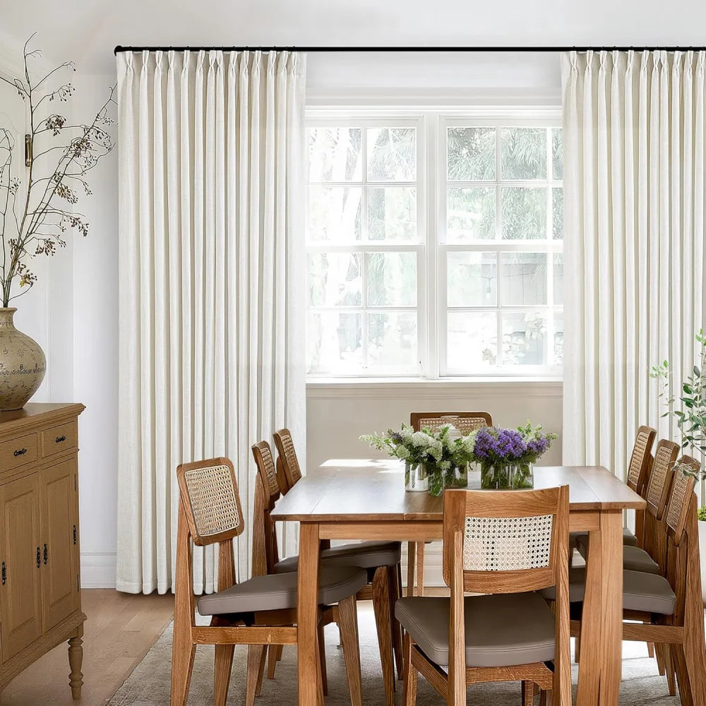Beige White Pinch Pleated Linen Curtains, Pack of 2 Light Filtering Linen Drapes with Hooks