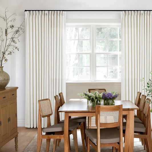 Beige White Pinch Pleated Linen Curtains, Pack of 2 Light Filtering Linen Drapes with Hooks