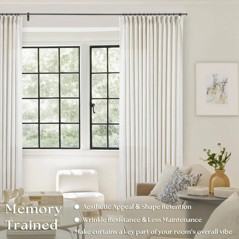 Beige White Pinch Pleated Linen Curtains, Pack of 2 Light Filtering Linen Drapes with Hooks
