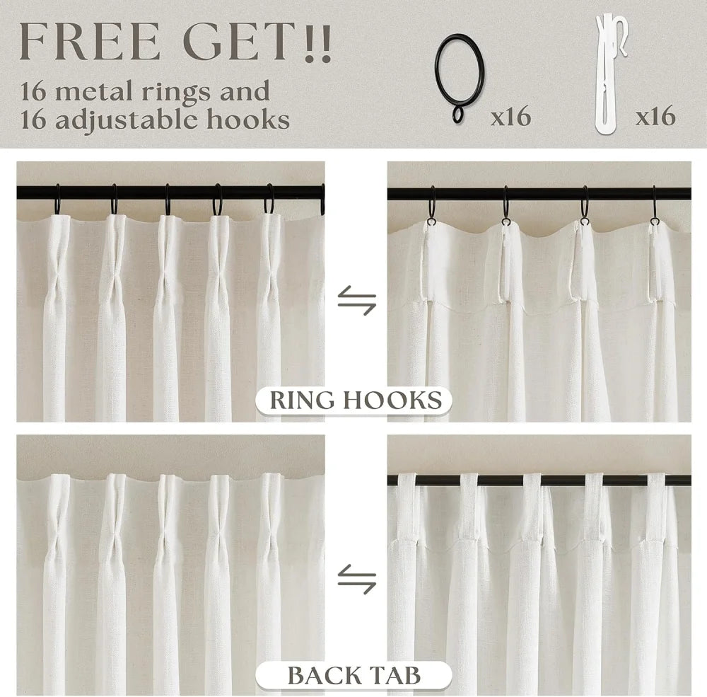 Beige White Pinch Pleated Linen Curtains, Pack of 2 Light Filtering Linen Drapes with Hooks