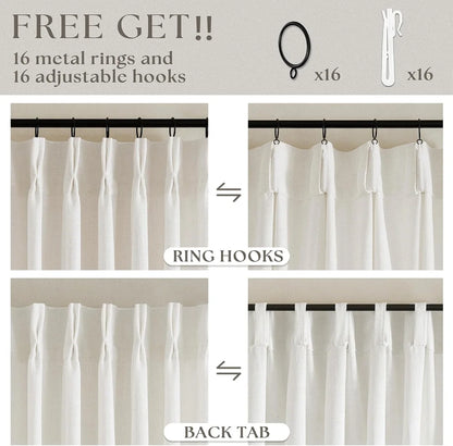 Beige White Pinch Pleated Linen Curtains, Pack of 2 Light Filtering Linen Drapes with Hooks