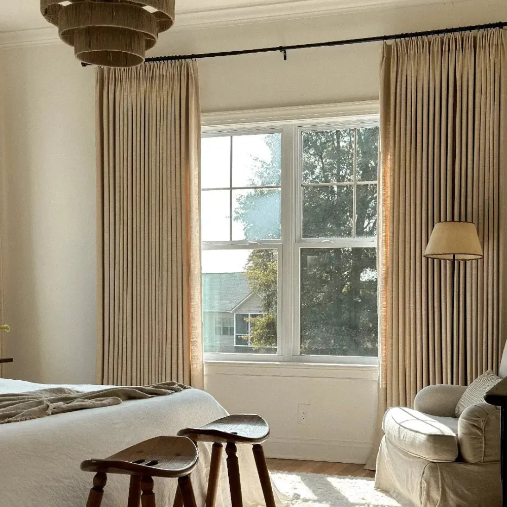 Blackout Linen Curtains for Bedroom, Pack of 2 Pleated Drapes with Hooks & Rings