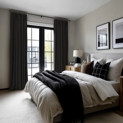 100% Blackout Linen Curtains for Bedroom, Pack of 2 Pleated Drapes with Hooks & Rings
