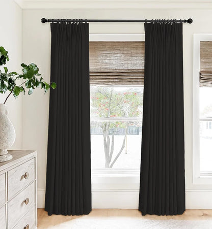 100% Blackout Linen Curtains for Bedroom, Pack of 2 Pleated Drapes with Hooks & Rings