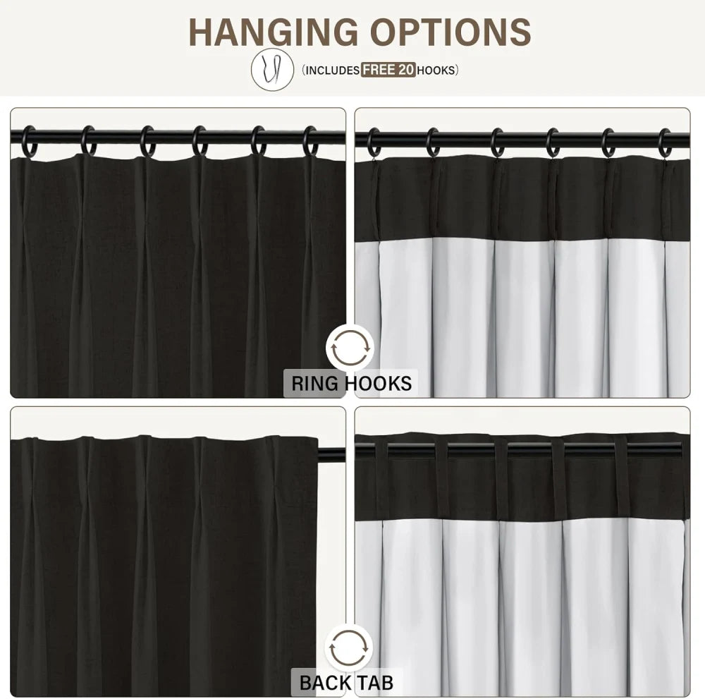 100% Blackout Linen Curtains for Bedroom, Pack of 2 Pleated Drapes with Hooks & Rings