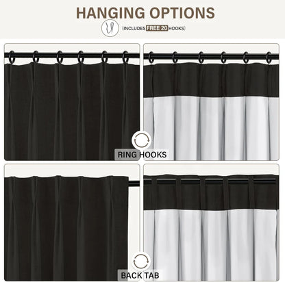 100% Blackout Linen Curtains for Bedroom, Pack of 2 Pleated Drapes with Hooks & Rings