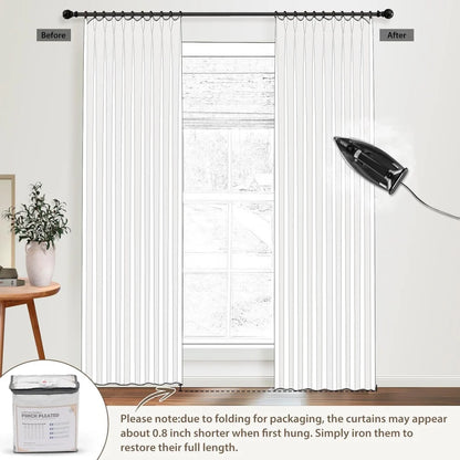 100% Blackout Linen Curtains for Bedroom, Pack of 2 Pleated Drapes with Hooks & Rings