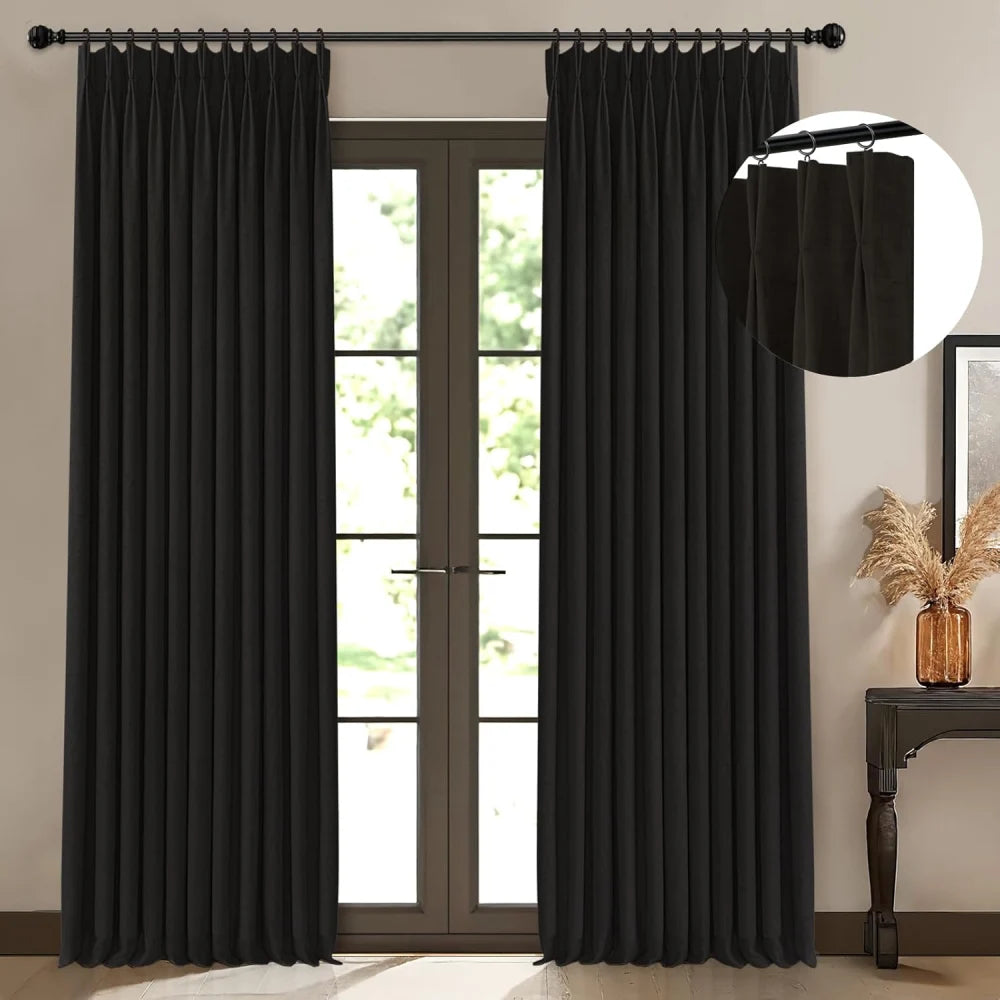 100% Blackout Linen Curtains for Bedroom, Pack of 2 Pleated Drapes with Hooks & Rings