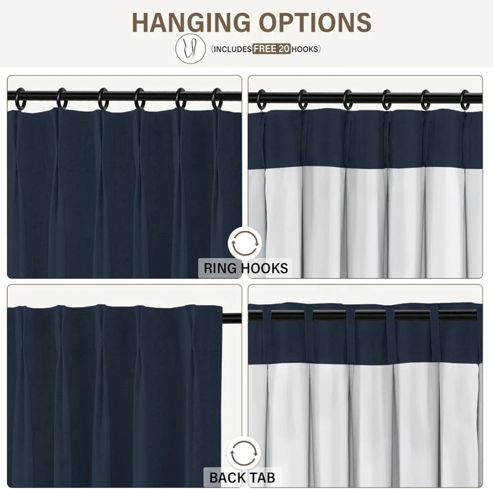 100% Blackout Linen Curtains for Bedroom, Pack of 2 Pleated Drapes with Hooks & Rings