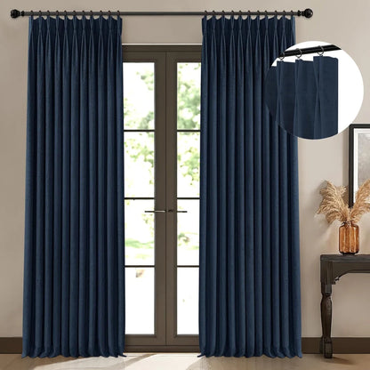 100% Blackout Linen Curtains for Bedroom, Pack of 2 Pleated Drapes with Hooks & Rings