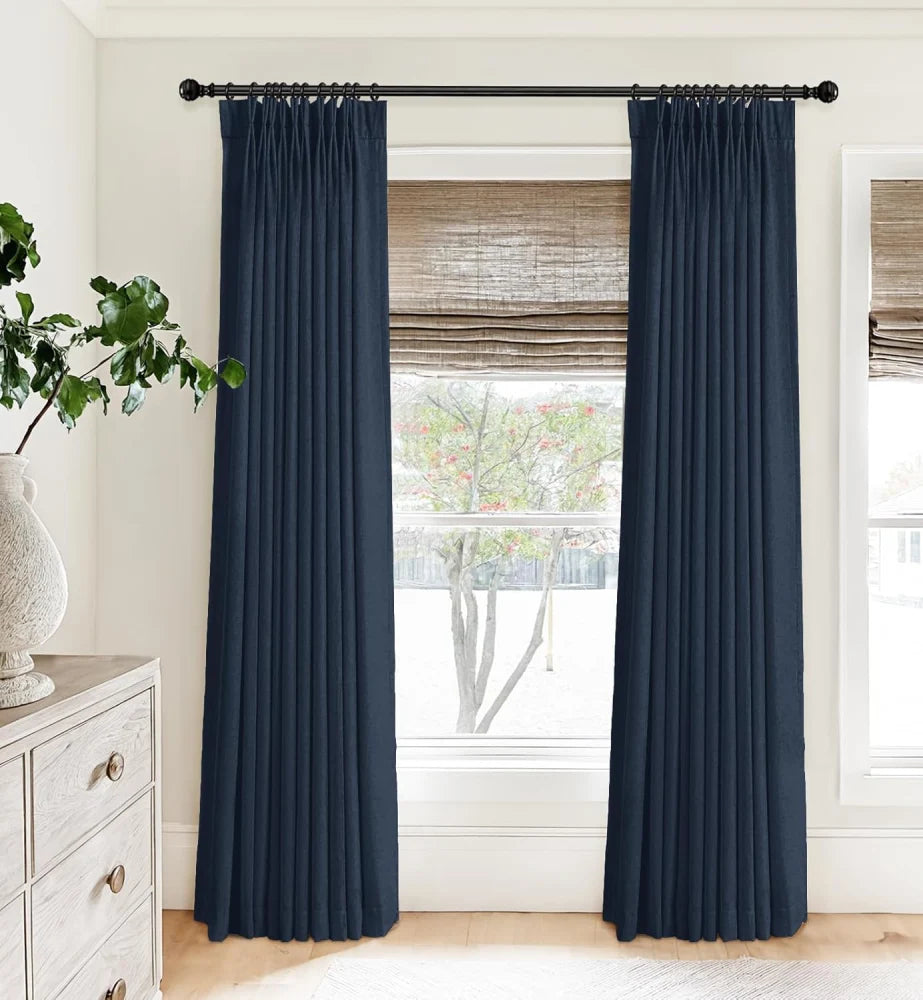 100% Blackout Linen Curtains for Bedroom, Pack of 2 Pleated Drapes with Hooks & Rings