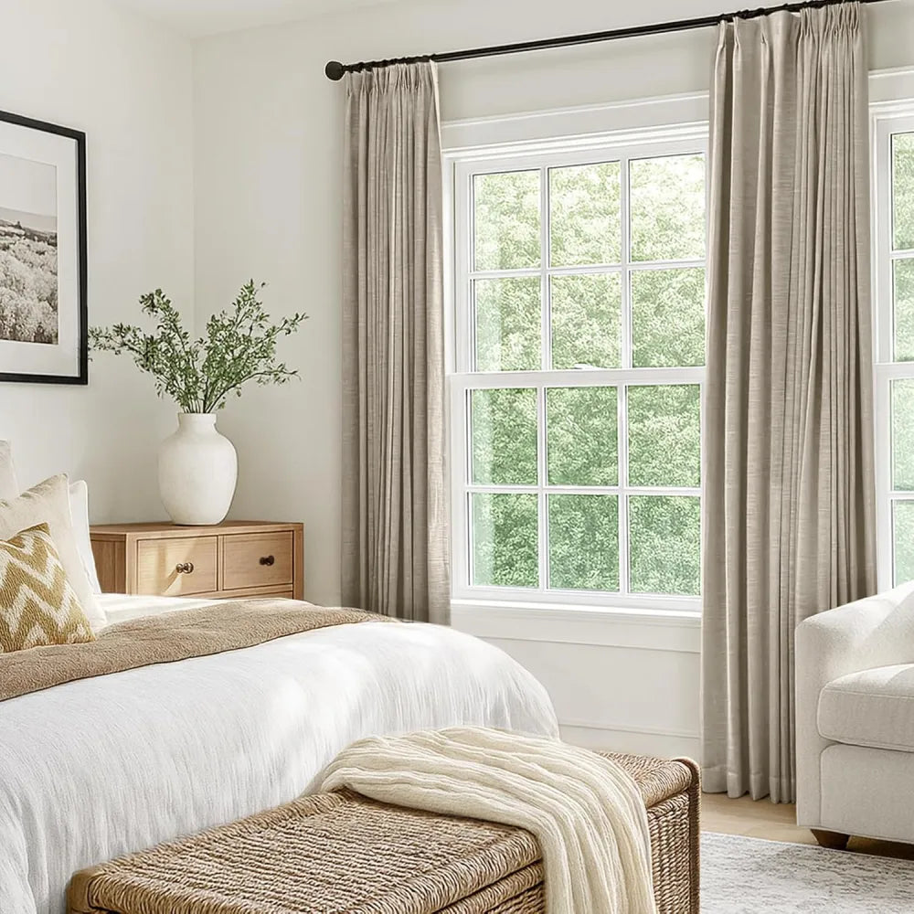 100% Blackout Linen Curtains for Bedroom, Pack of 2 Pleated Drapes with Hooks & Rings
