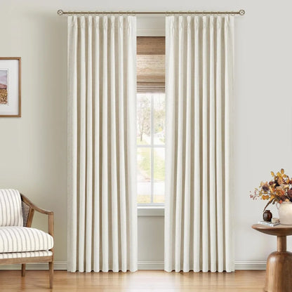 100% Blackout Linen Curtains for Bedroom, Pack of 2 Pleated Drapes with Hooks & Rings