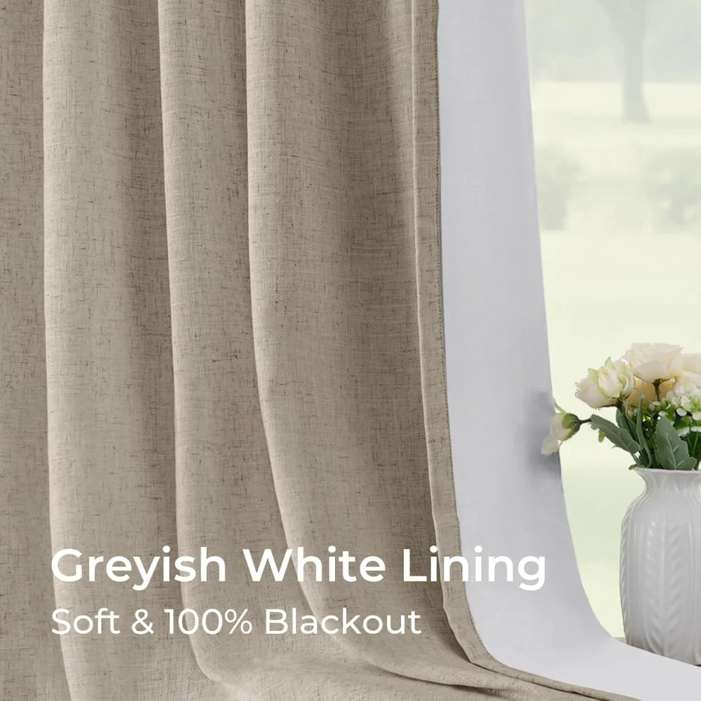 100% Blackout Linen Curtains for Bedroom, Pack of 2 Pleated Drapes with Hooks & Rings