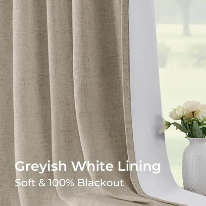 100% Blackout Linen Curtains for Bedroom, Pack of 2 Pleated Drapes with Hooks & Rings