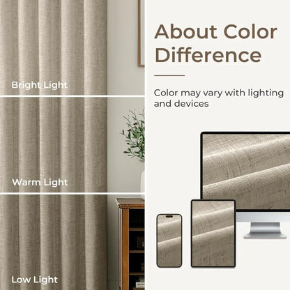 100% Blackout Linen Curtains for Bedroom, Pack of 2 Pleated Drapes with Hooks & Rings