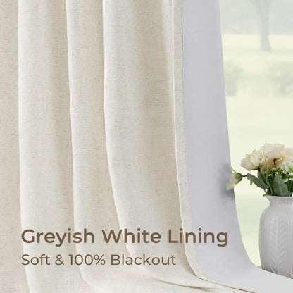 100% Blackout Linen Curtains for Bedroom, Pack of 2 Pleated Drapes with Hooks & Rings