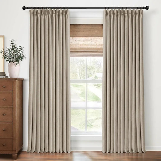 100% Blackout Linen Curtains for Bedroom, Pack of 2 Pleated Drapes with Hooks & Rings
