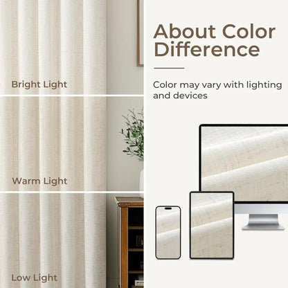 100% Blackout Linen Curtains for Bedroom, Pack of 2 Pleated Drapes with Hooks & Rings
