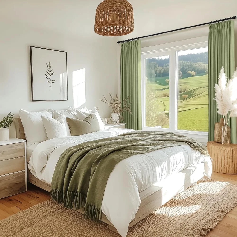 100% Blackout Linen Curtains for Bedroom, Pack of 2 Pleated Drapes with Hooks & Rings