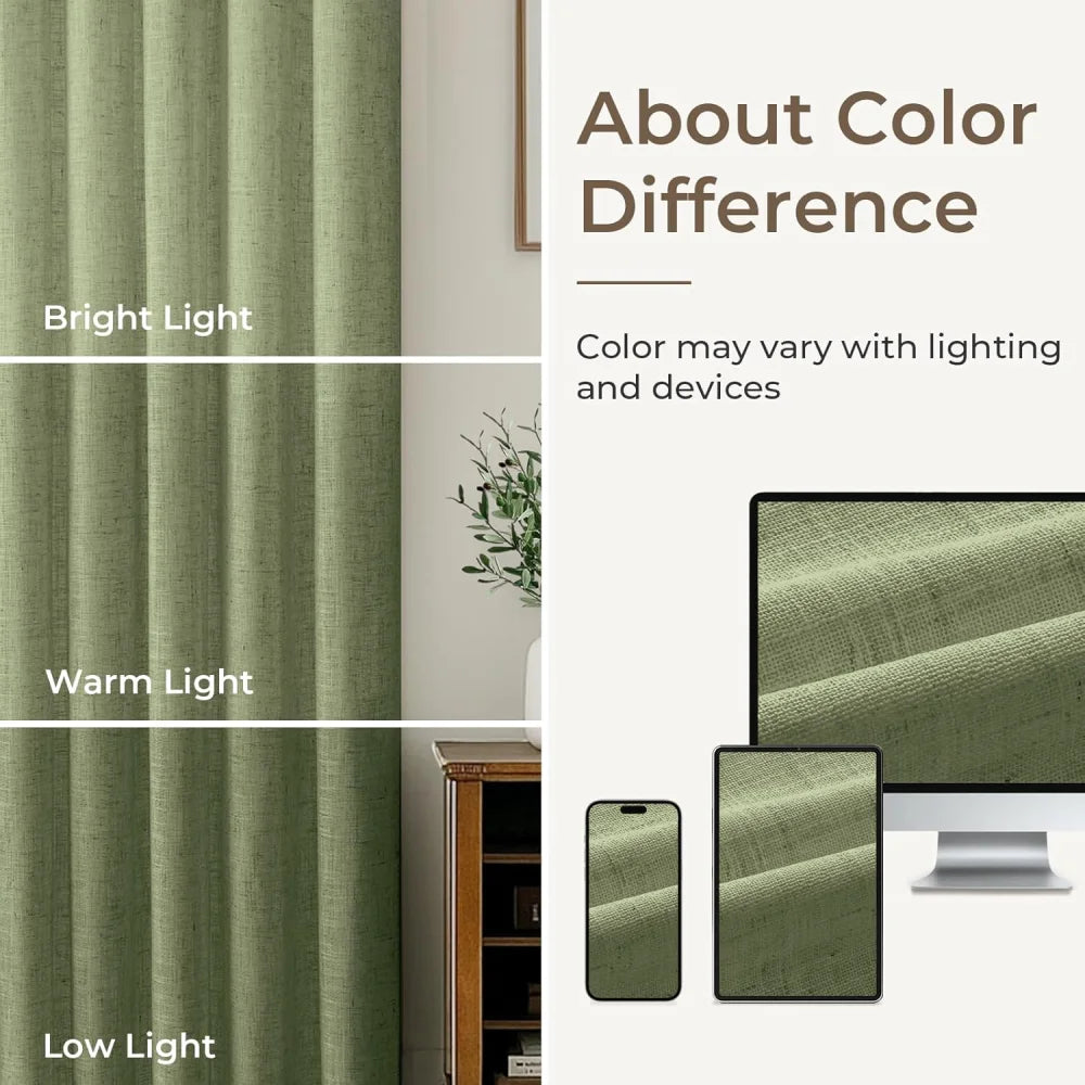 100% Blackout Linen Curtains for Bedroom, Pack of 2 Pleated Drapes with Hooks & Rings
