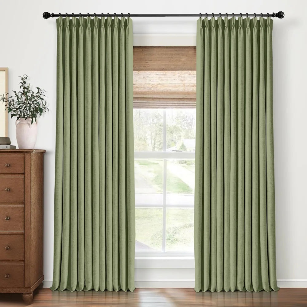 100% Blackout Linen Curtains for Bedroom, Pack of 2 Pleated Drapes with Hooks & Rings