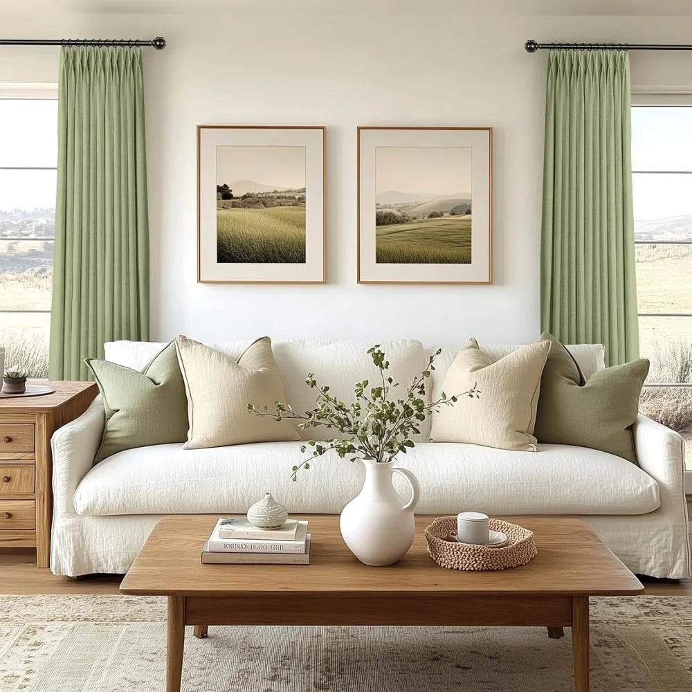 100% Blackout Linen Curtains for Bedroom, Pack of 2 Pleated Drapes with Hooks & Rings