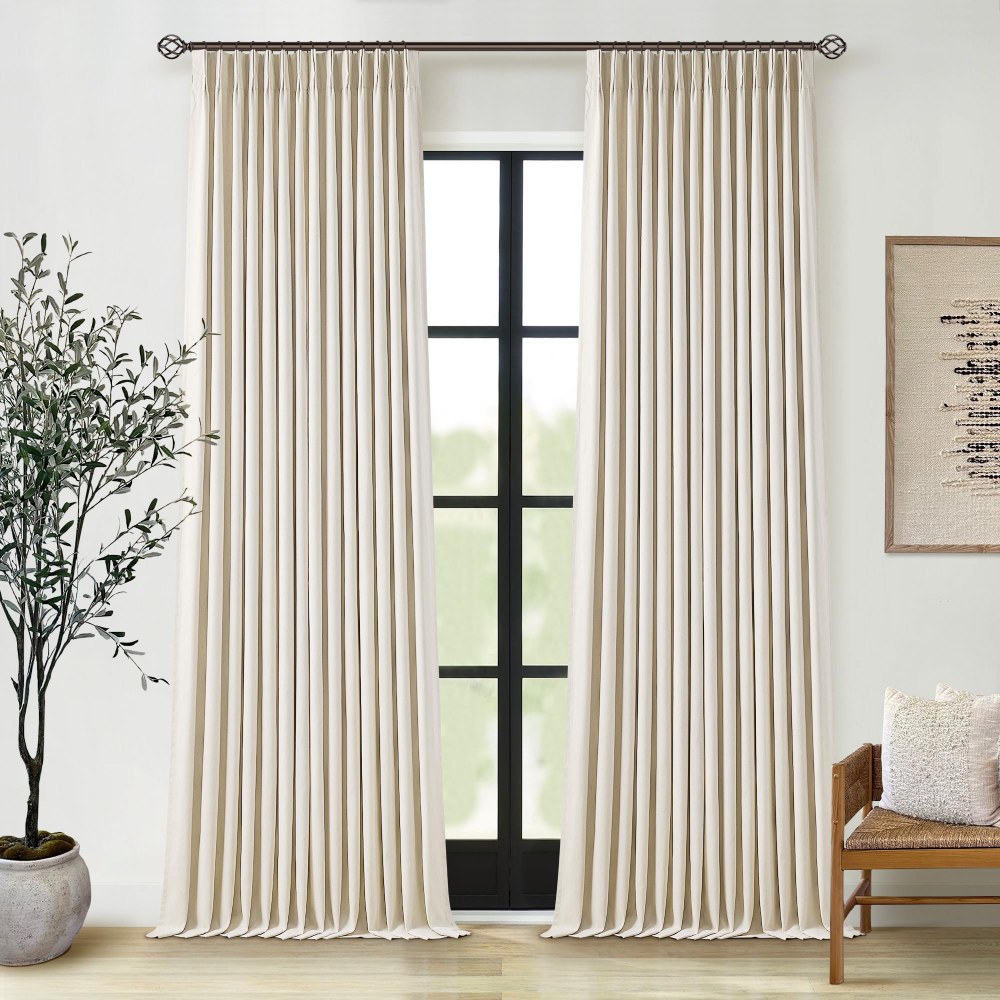 Pinch Pleated Blackout Curtain, Linen Drapes, Cream Beige (Pack of 2)