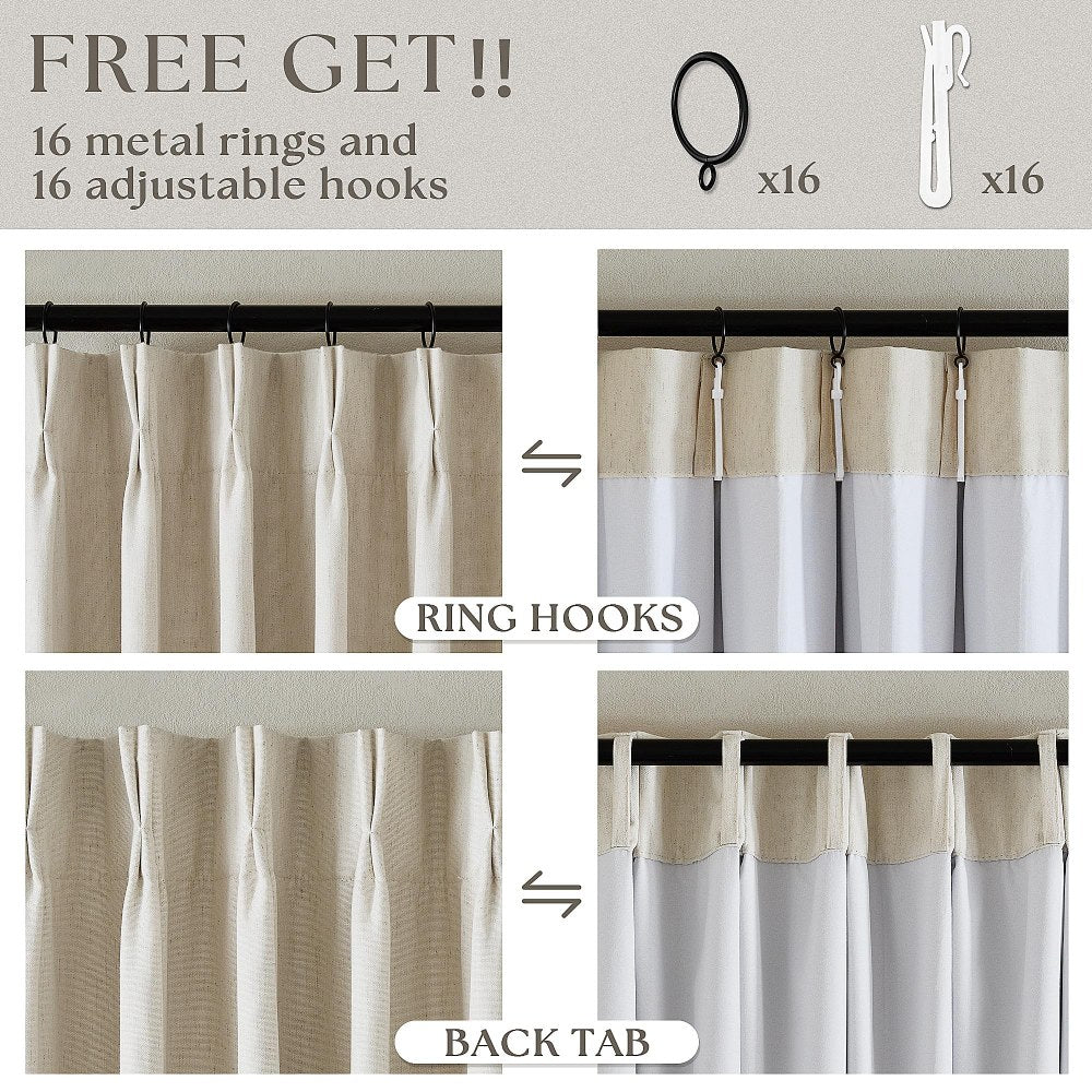 Pinch Pleated Blackout Curtain, Linen Drapes, Cream Beige (Pack of 2)