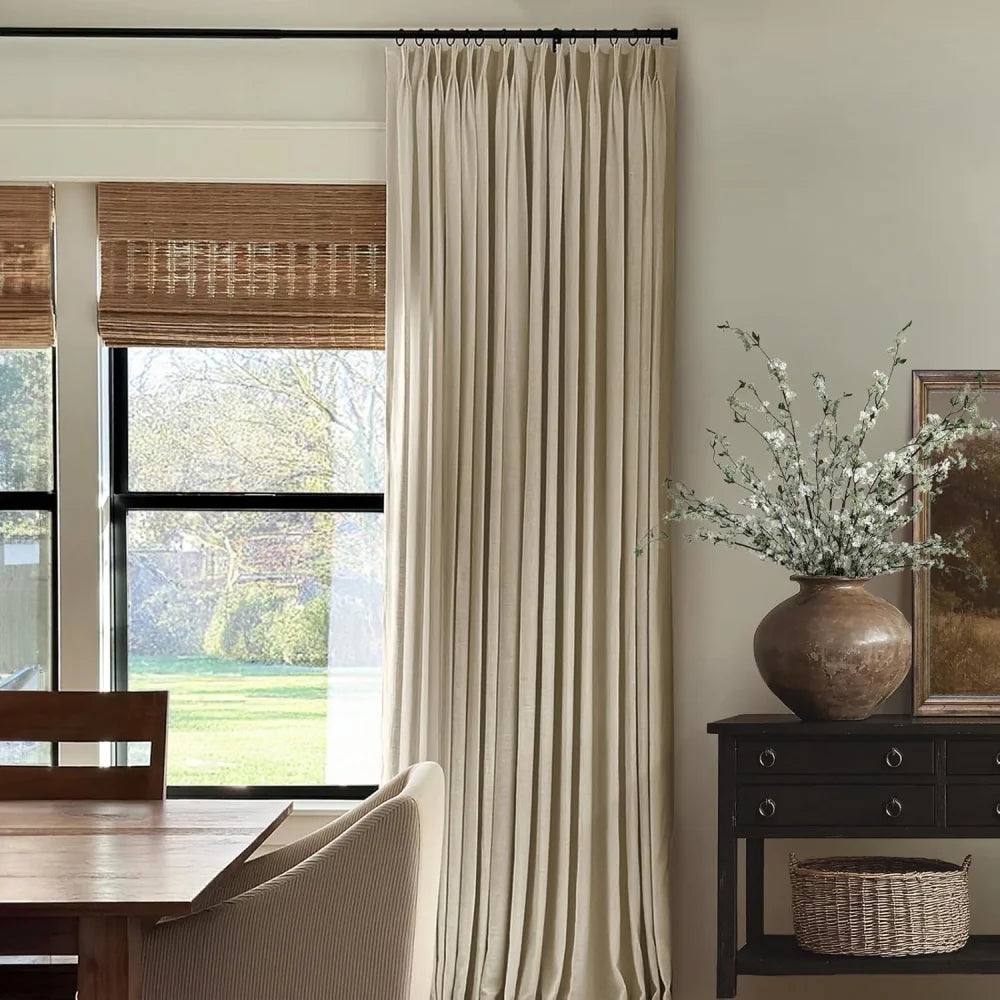 100% Blackout Linen Curtains for Bedroom, Pack of 2 Pleated Drapes with Hooks & Rings