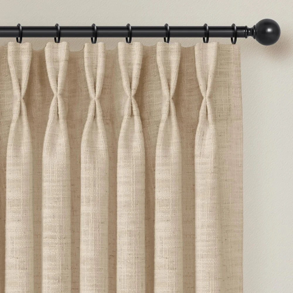 100% Blackout Linen Curtains for Bedroom, Pack of 2 Pleated Drapes with Hooks & Rings