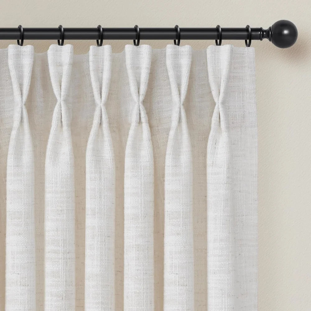100% Blackout Linen Curtains for Bedroom, Pack of 2 Pleated Drapes with Hooks & Rings