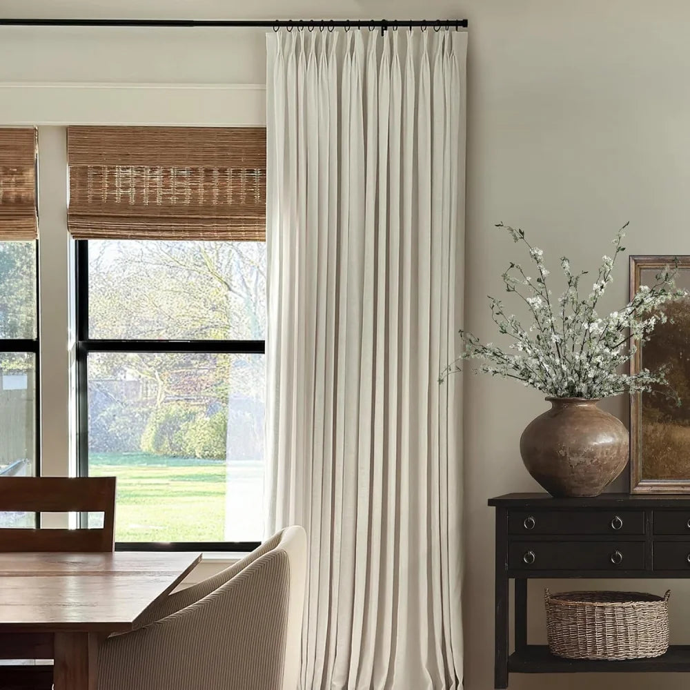 100% Blackout Linen Curtains for Bedroom, Pack of 2 Pleated Drapes with Hooks & Rings