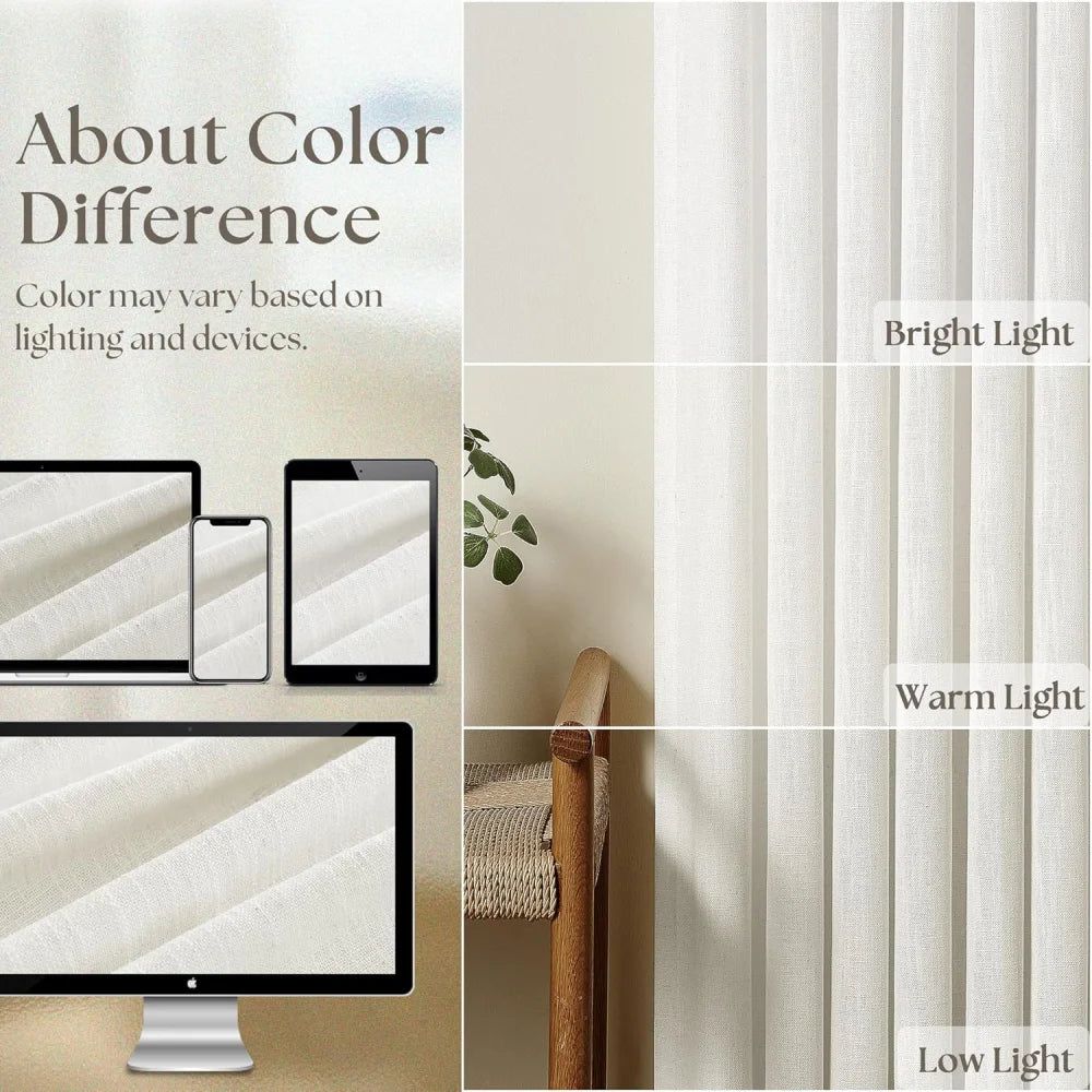 Blackout Linen Curtains for Bedroom, Pack of 2 Pleated Drapes with Hooks & Rings