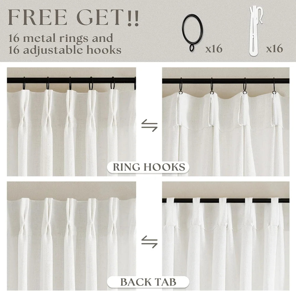 Blackout Linen Curtains for Bedroom, Pack of 2 Pleated Drapes with Hooks & Rings