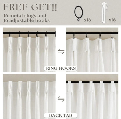 Blackout Linen Curtains for Bedroom, Pack of 2 Pleated Drapes with Hooks & Rings