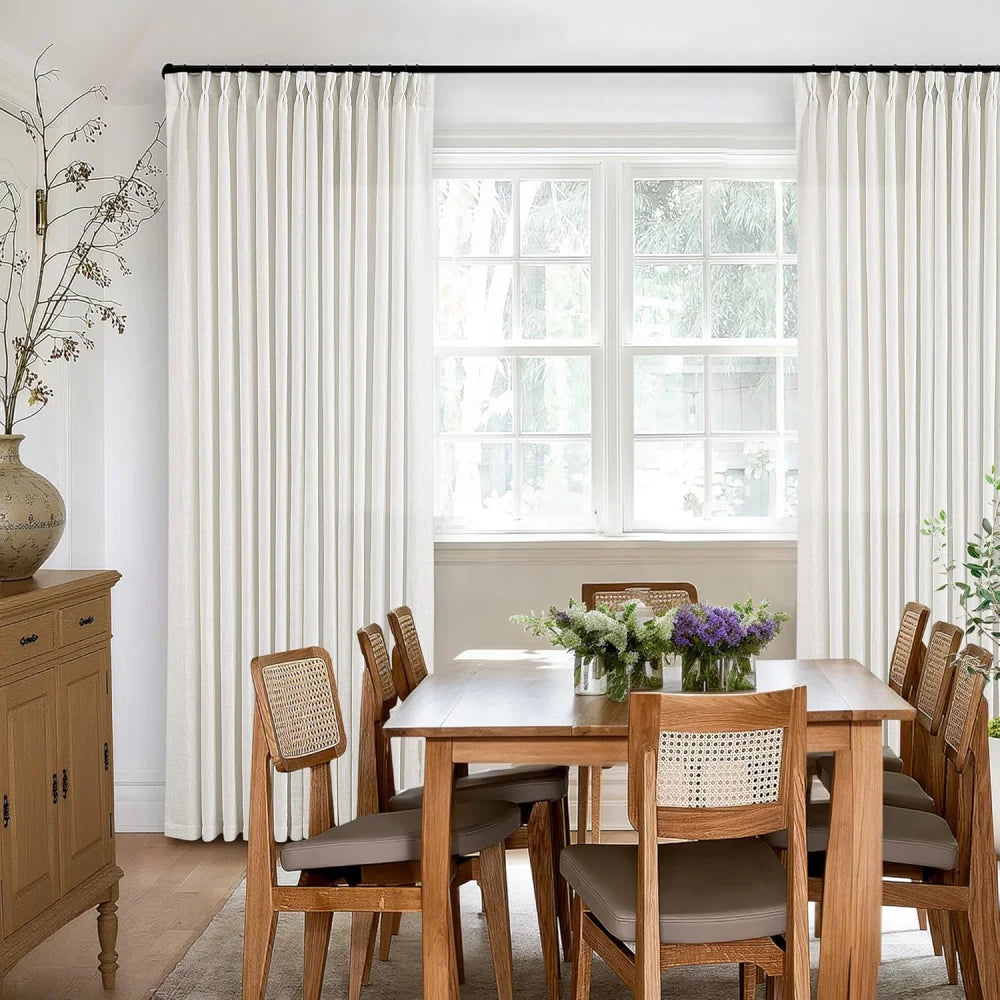 Blackout Linen Curtains for Bedroom, Pack of 2 Pleated Drapes with Hooks & Rings