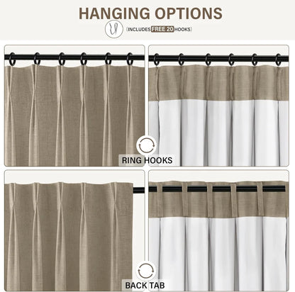 100% Blackout Linen Curtains for Bedroom, Pack of 2 Pleated Drapes with Hooks & Rings