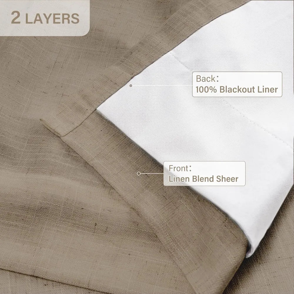 100% Blackout Linen Curtains for Bedroom, Pack of 2 Pleated Drapes with Hooks & Rings