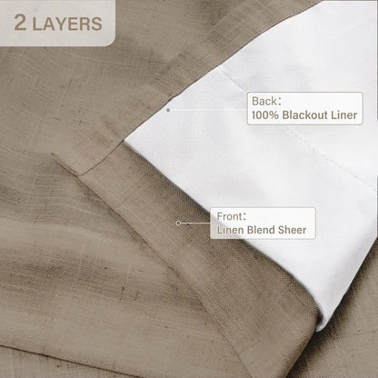 100% Blackout Linen Curtains for Bedroom, Pack of 2 Pleated Drapes with Hooks & Rings